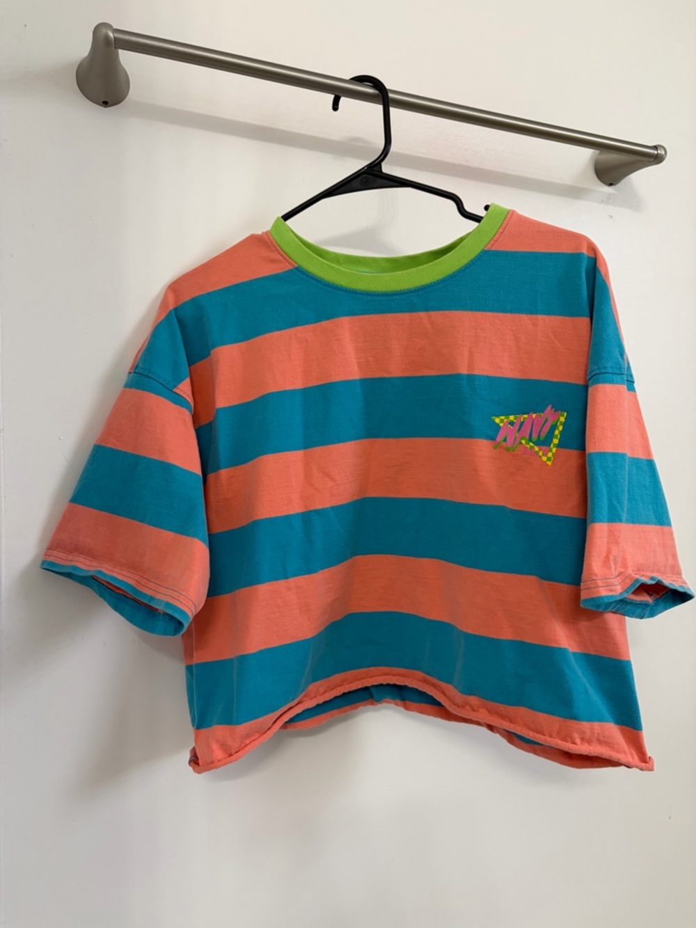 Empyre Coral & Teal Striped Crop Tee with Lime Neck